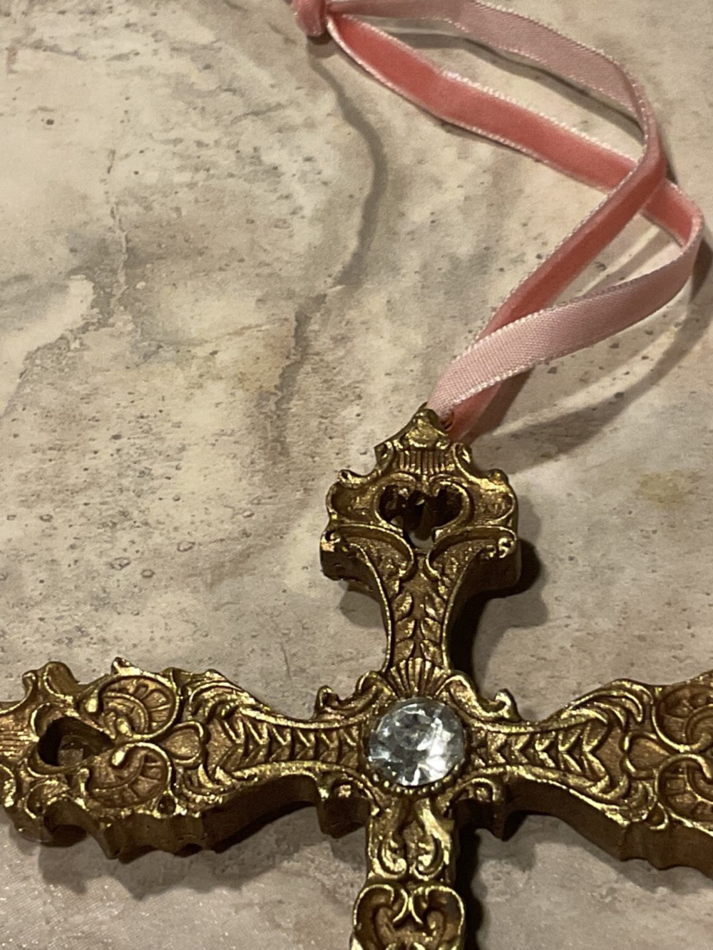 Ornate Cross Ornament Lightweight Gold 5” on velvet ribbon - Picture 5 of 10